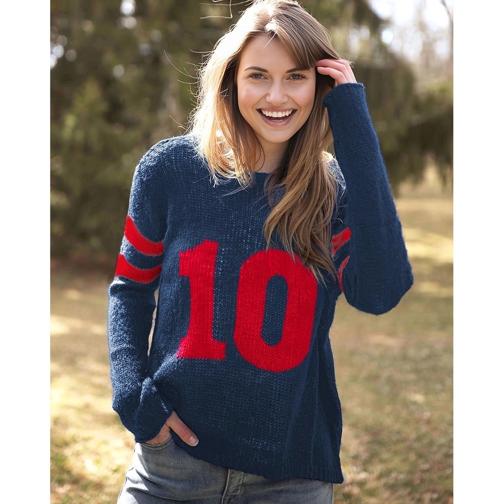 Wooden Ships Sweater M/L Blue Red Number 2 Mohair Blend Sporty Crewneck Preppy